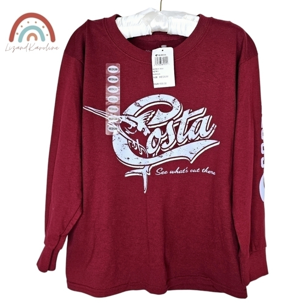 New! Costa Retro Maroon Long Sleeve Cotton Tee Youth Medium Jersey Shirt 10/12